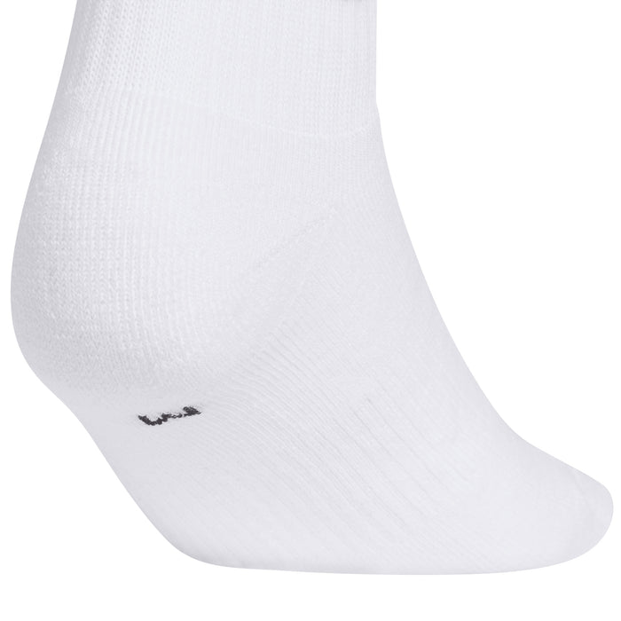 White quarter crew sock close-up with small trefoil logo