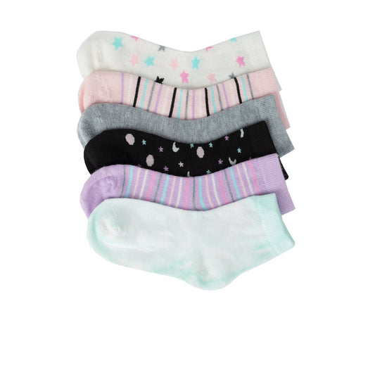 6-pack small quarter socks in pastel stars, stripes, polka dots, and solid mint
