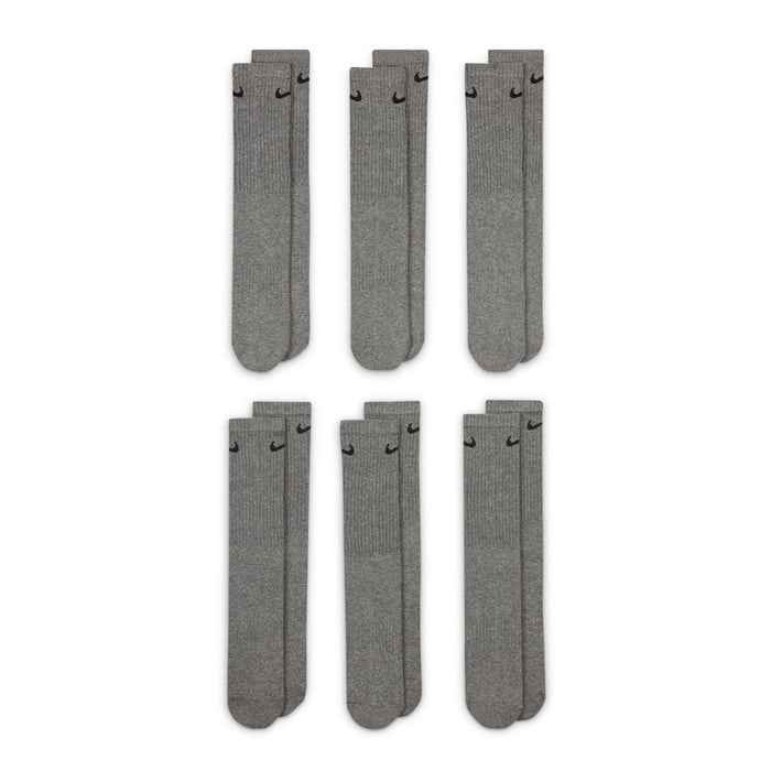 6-pack heather gray crew socks with black Nike swoosh, cushioned ankle