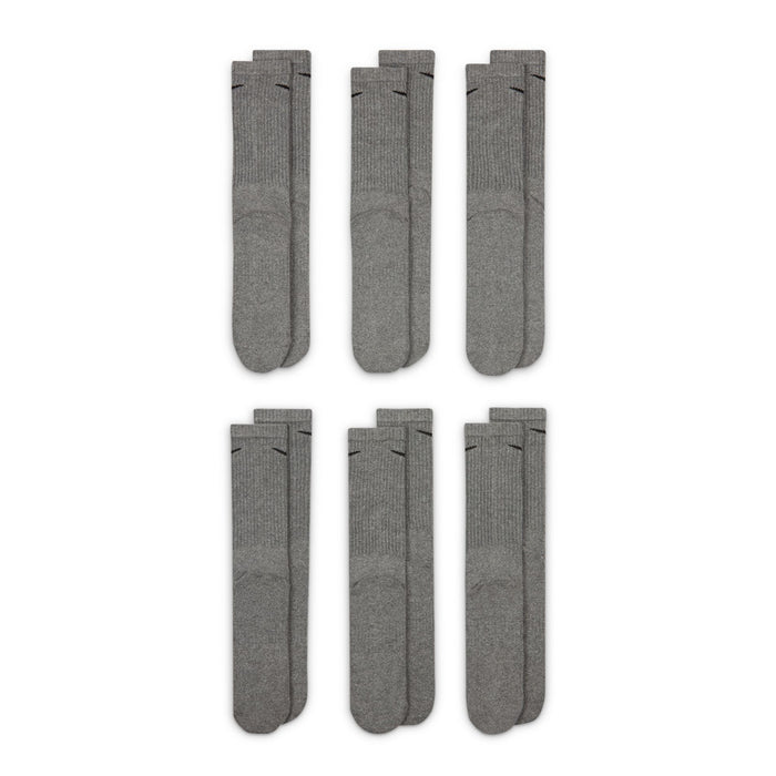 6-pack dark heather crew socks with black Nike swoosh, cushioned ankle