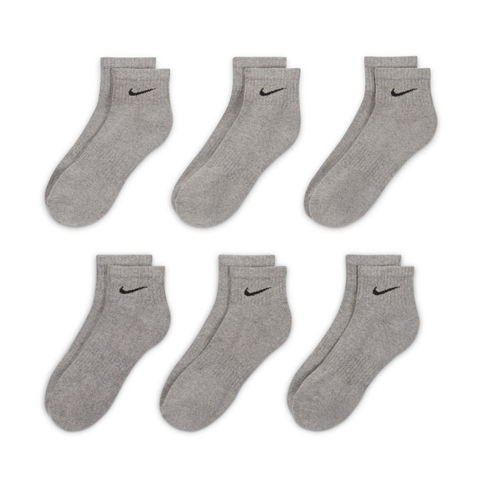 Set of six unisex quarter cushion socks in carbon heather gray with Nike swoosh.