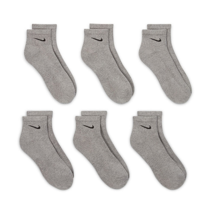 Six unisex quarter cushion socks, carbon heather gray, Nike swoosh logo.