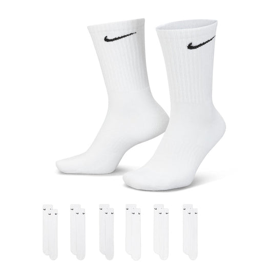 6-pack cushioned crew socks, white with black Nike Swoosh, pair view