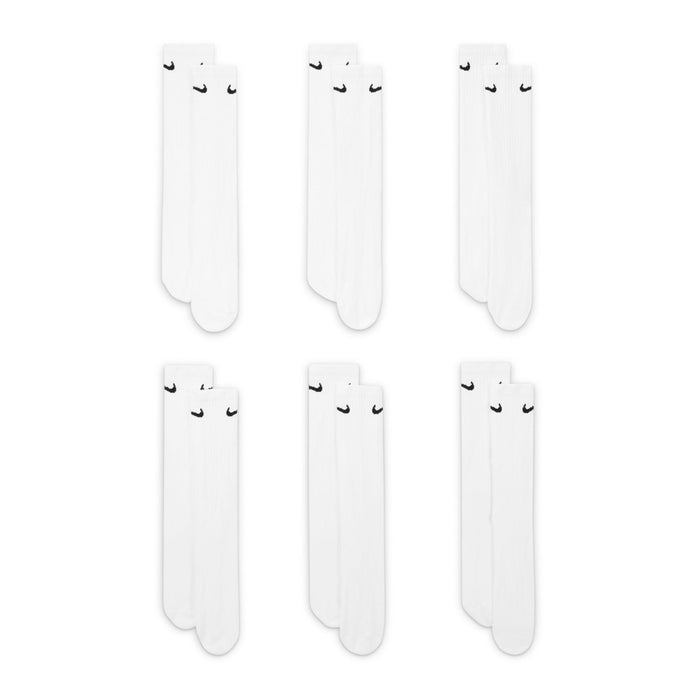 6-pack crew socks, white with black Nike Swoosh, folded set (6 pairs)