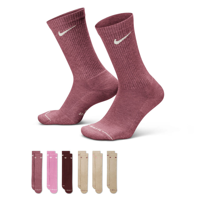 6-pack unisex crew socks, dusty pink and maroon with white Nike swooshes
