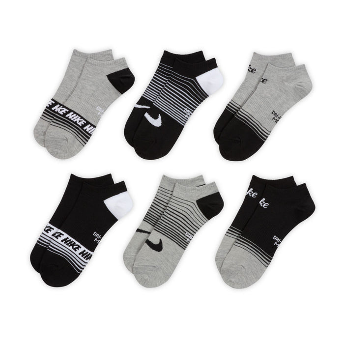 6-pack no-show socks in heather gray and black with striped bands and logo marks