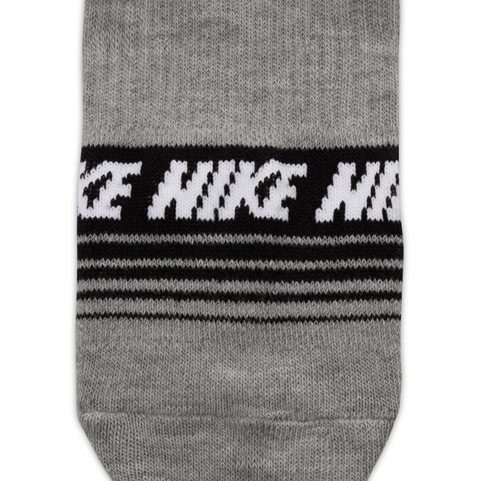 Heather gray no-show sock with black-and-white logo stripes across the cuff