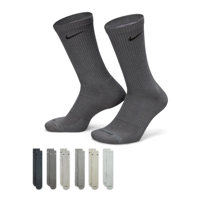 Dark gray cushioned crew socks, unisex style, two pairs shown with logo on cuff