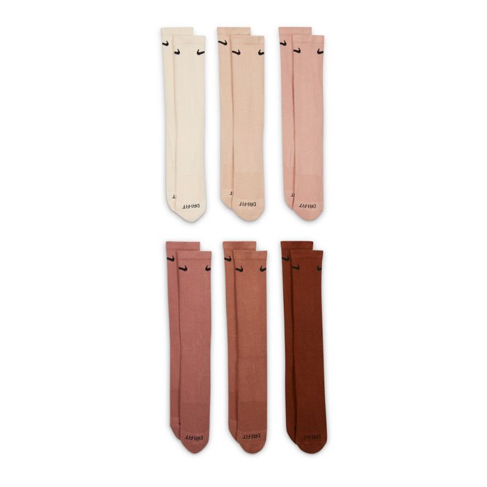 6-pack crew socks in neutral and rose tones, black Nike swoosh