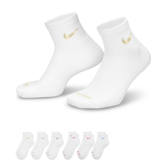 White quarter crew socks, cushioned, with gold Nike swoosh on ankle (pair)