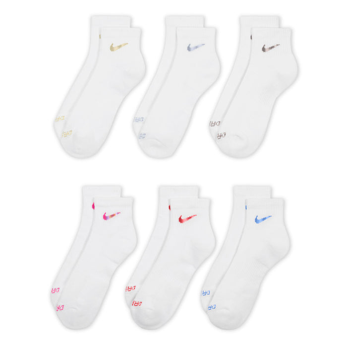 6-pack white quarter socks with assorted Nike swooshes in gold, blue, and pink/red