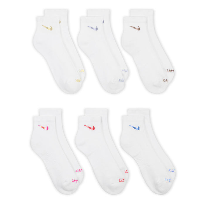 6-pack white quarter socks featuring Nike swooshes in gold, blue, bronze, pink, and red