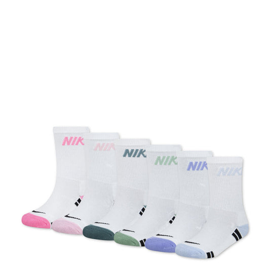 6-pack white crew socks with multicolor stripes and Nike branding at cuff