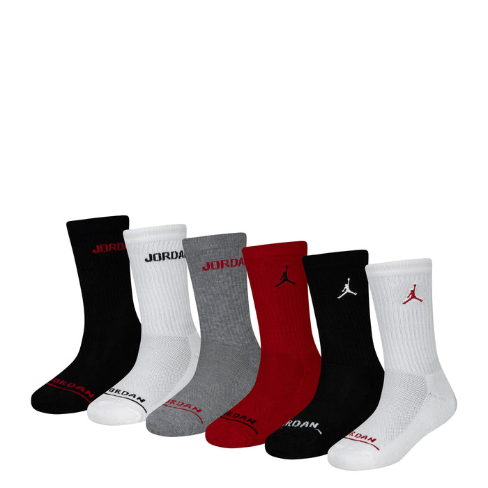 6-pack crew socks with JORDAN branding, red/black/white/gray mix, athletic ankle fit