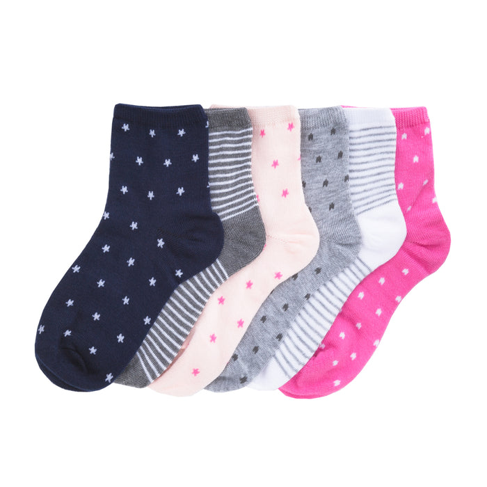 X-small low-cut sock 6-pack in navy star, pink, and gray stripes & dots