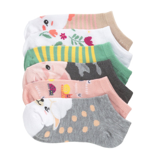 6-pack x-small no-show socks with farm animal prints, striped and dotted patterns