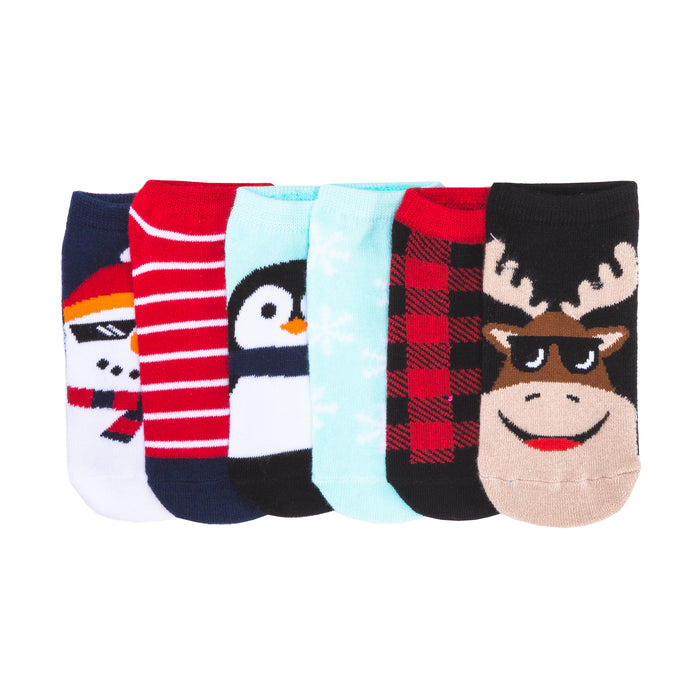 6-pack no-show socks with penguin, moose, plaid, stripes, and snowman designs