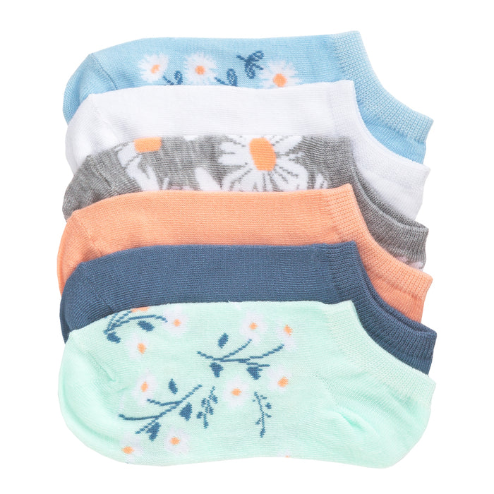 6-pack x-small no-show socks with pastel floral and solid colors, assorted colors