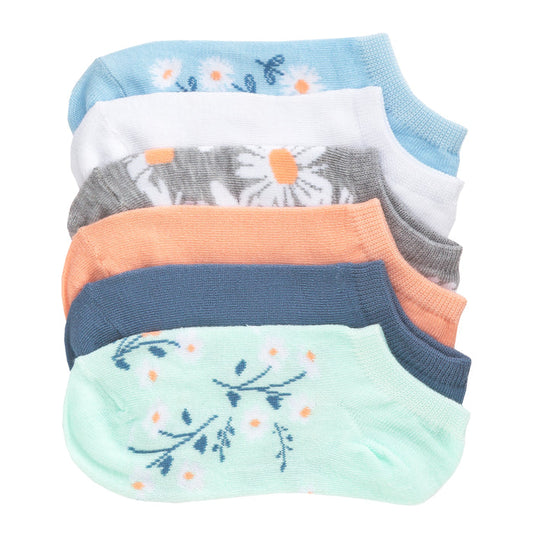 6-pack x-small no-show socks with pastel floral and solid colors, assorted colors