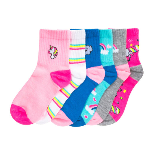 6-pack x-small quarter socks in pink, blue, gray with unicorn and rainbow designs