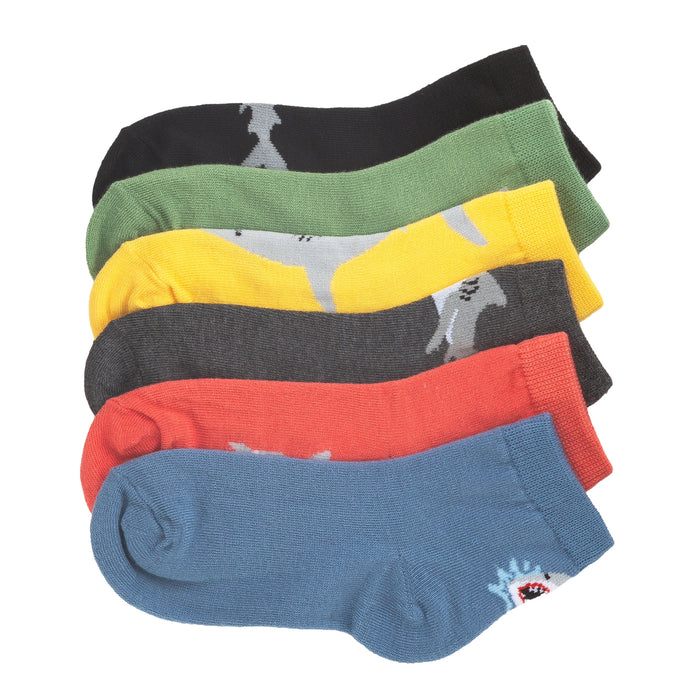 Six-pack x-small quarter socks, multicolor with gray shark print, assorted stripes