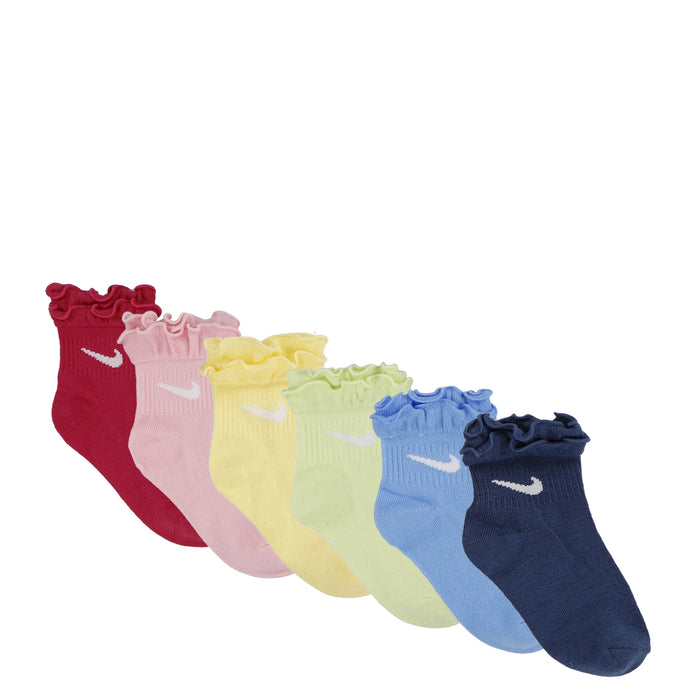 6-pack x-small ruffle ankle socks with Nike swoosh, multicolor: red, pink, yellow, green, blue