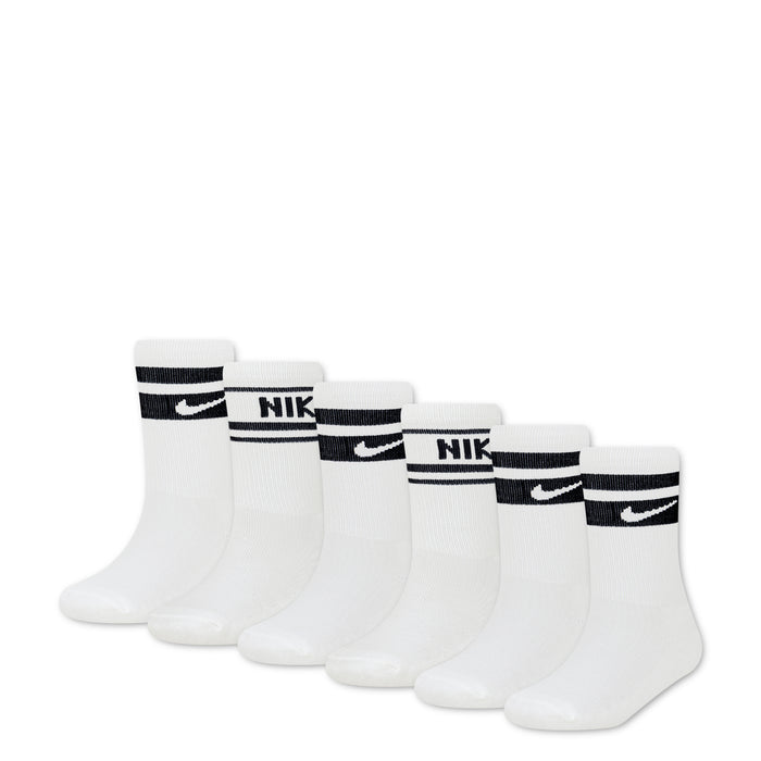 Six-pack white crew socks with black varsity stripes and Nike logo cuffs