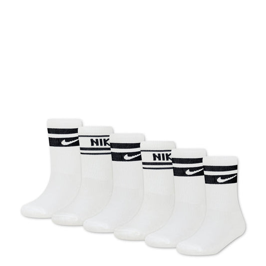 Six-pack white crew socks with black varsity stripes and Nike logo cuffs