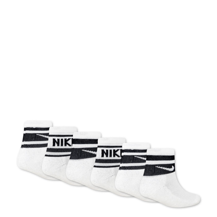 6-pack varsity quarter socks, white with black cuff stripes and NIKE logo