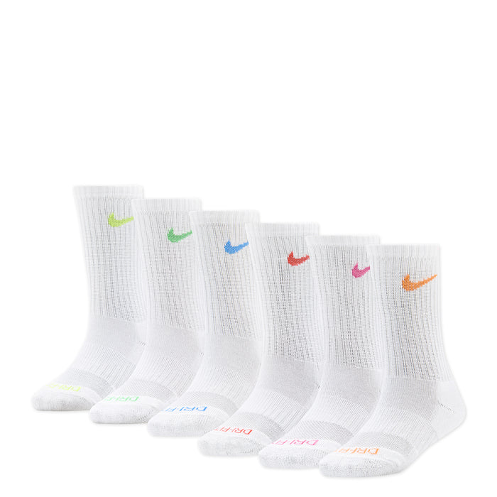 Pack of 6 white crew socks with multicolor Swoosh accents