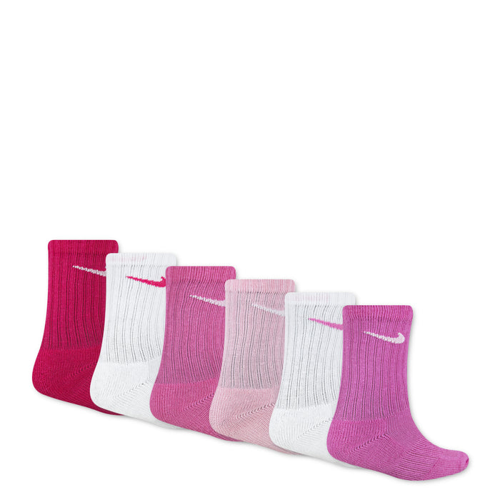 6-pack crew socks in vivid pink tones and white, with logo marks on each pair