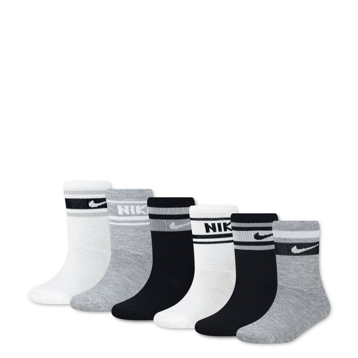 6-pack XXS crew socks in white, gray heather, and black with Nike swoosh