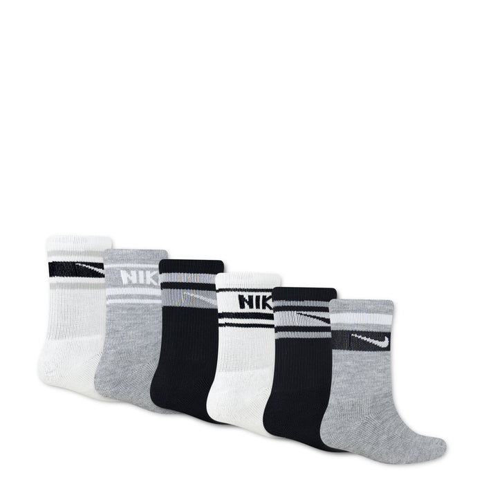 6-pack XXS crew socks with ribbed cuffs; white, gray heather, black; Nike swoosh