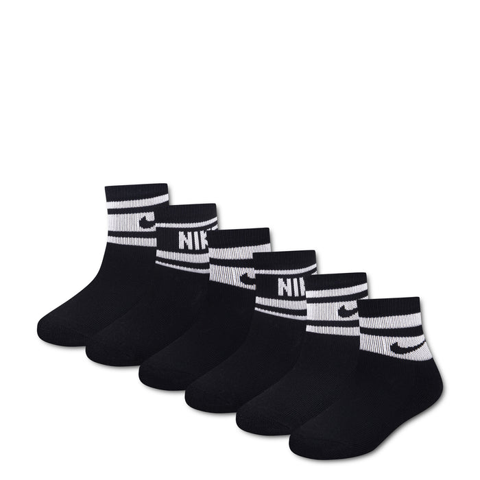 6-pack cushioned quarter socks, black with white striped cuffs and NIKE logo