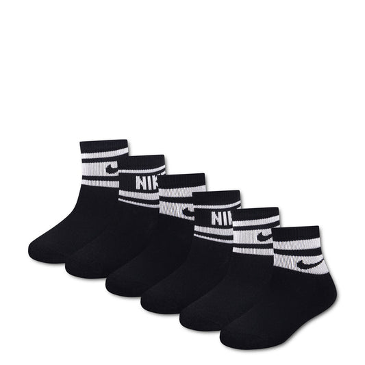 6-pack cushioned quarter socks, black with white striped cuffs and NIKE logo