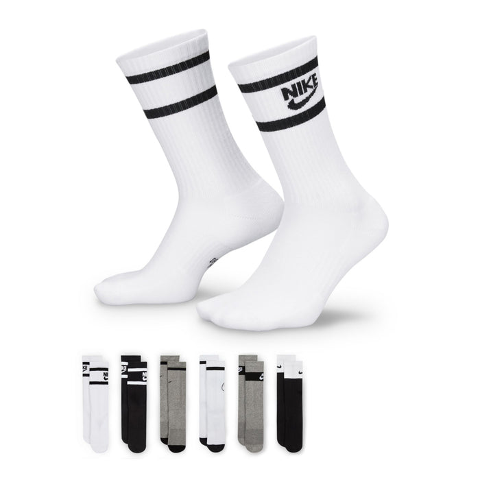 Youth crew socks: white pairs with black striped cuffs and NIKE logo