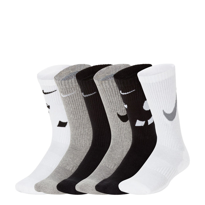 6-pack youth crew socks in white, gray, and black with small swoosh graphics