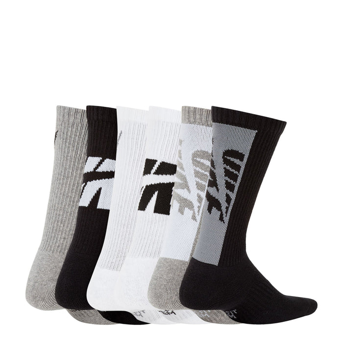 6-pack youth crew socks with bold black and gray patterns and a white pair