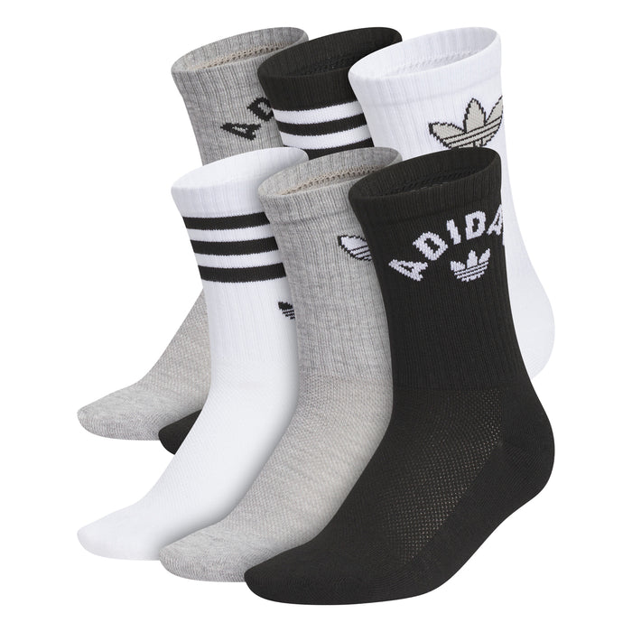 6-pack youth crew socks in grey, black, and white with logos and striped cuffs