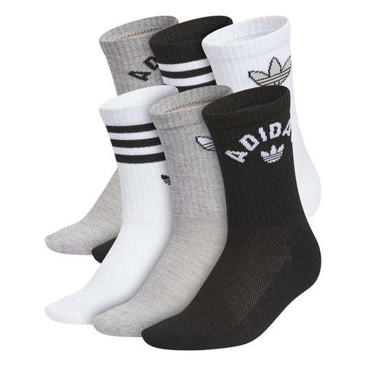 6-pack youth crew socks in grey, black, and white with logos and striped cuffs