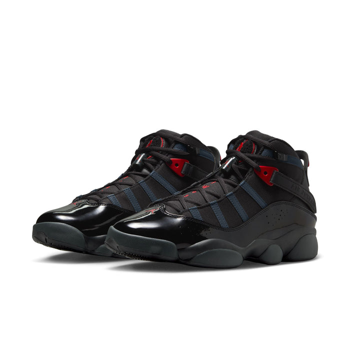 Men's high-top basketball shoes, black with dark blue straps and red detailing