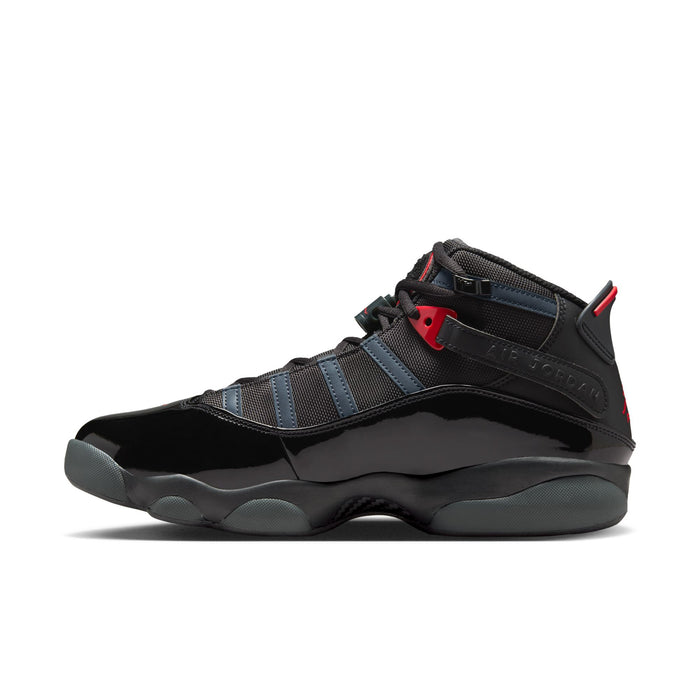 Men's high-top basketball shoes side profile in black with blue stripes and red tab