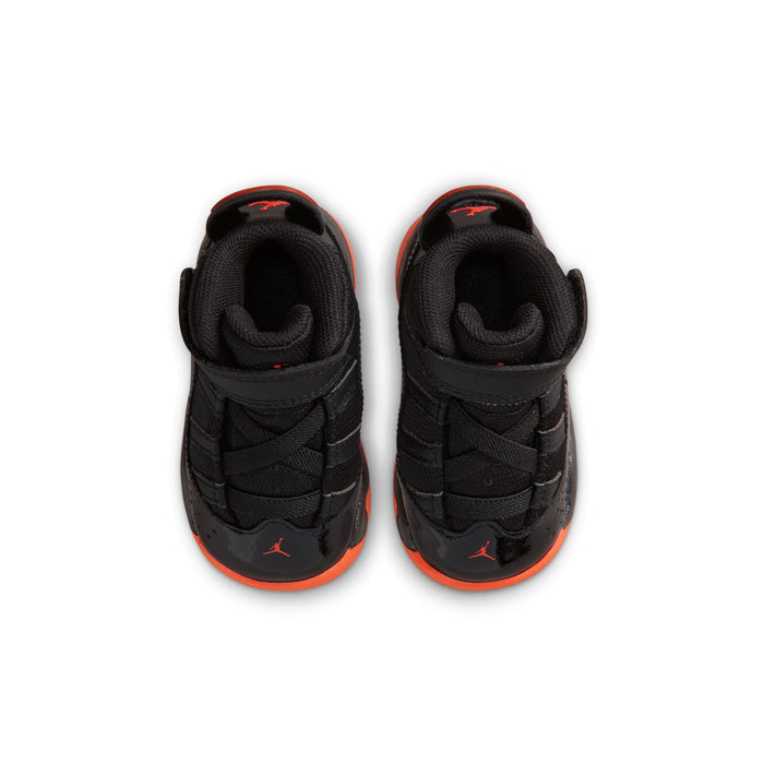 Black toddler sneakers, toe-and-heel view, red lining and Jumpman logos