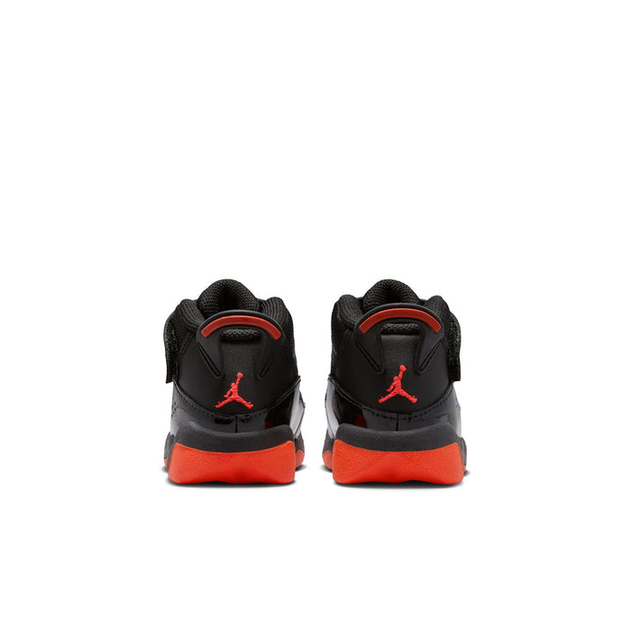 Black toddler high-top sneakers from heel view, red pull tabs and Jumpman logo