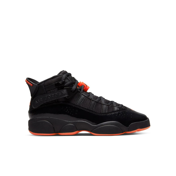 Youth high-top basketball shoes in black with orange-red accents and orange outsole