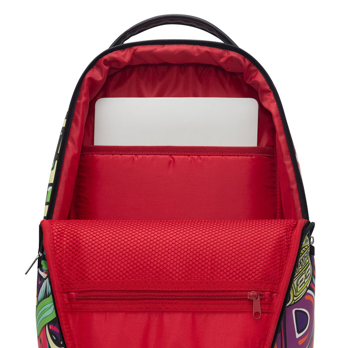 Backpack interior with red lining and top storage compartment
