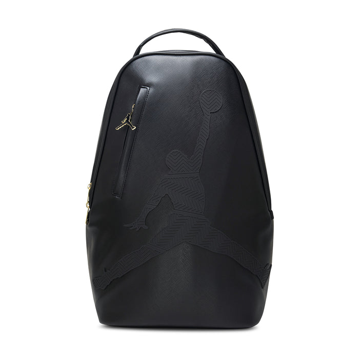 Black leather-look backpack with embossed Jumpman logo and gold zipper pulls