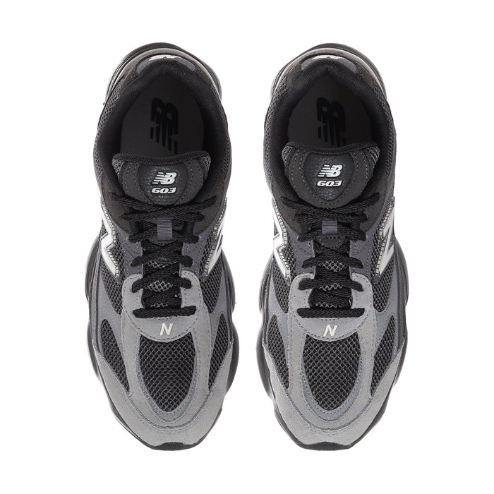 Men's New Balance 603 sneakers front view, black laces and N logo on gray panels