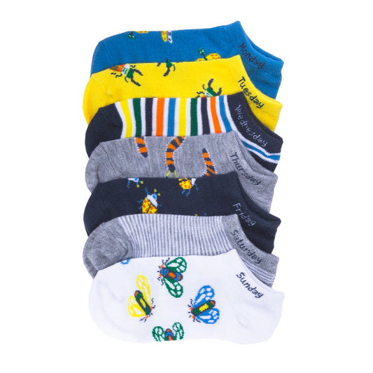7-pack no-show ankle socks, multicolor with bug and striped prints, ribbed cuffs