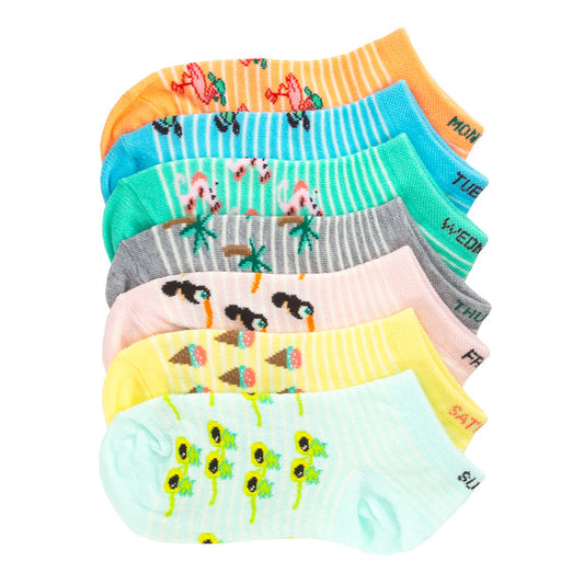 7-pack x-small no-show socks, colorful stripes and animal prints, assorted colors